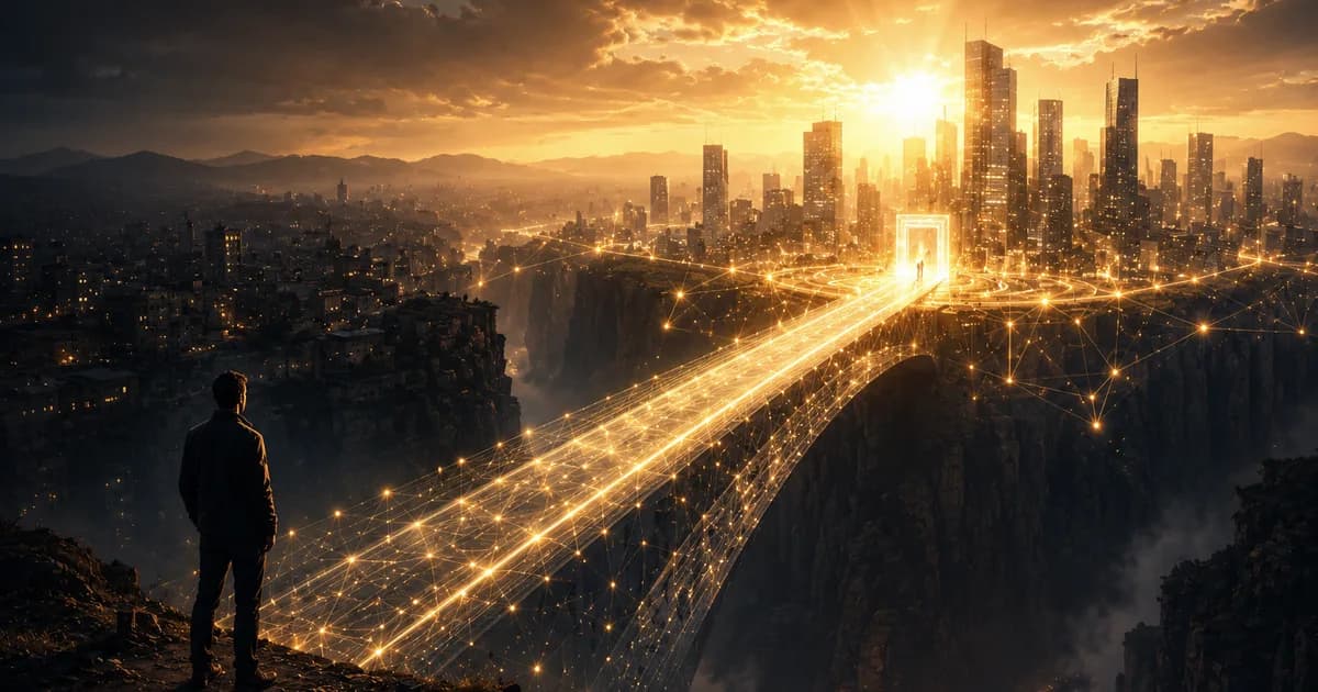 Puente digital iluminado hacia una ciudad, representando el valor de invertir en una landing page profesional en Colombia